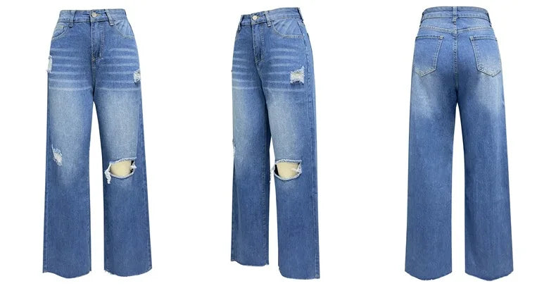 Joan's Wide Leg Pants Denim High Waist Zipper Fly Washing Holes Pockets High Street Jeans