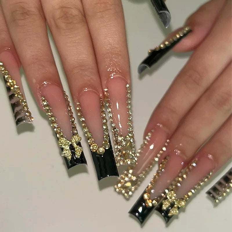 24Pcs Blue Long False Nails Butterfly Ballet French Cartoon  Wearable Fake Nails Full Cover Design Press on Nails Tips Art