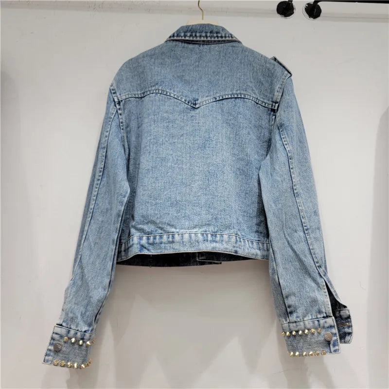 Kay's Handmade Design Rhinestone Beaded Slimming All-Matching Short Denim Jean Jacket (Trendy)