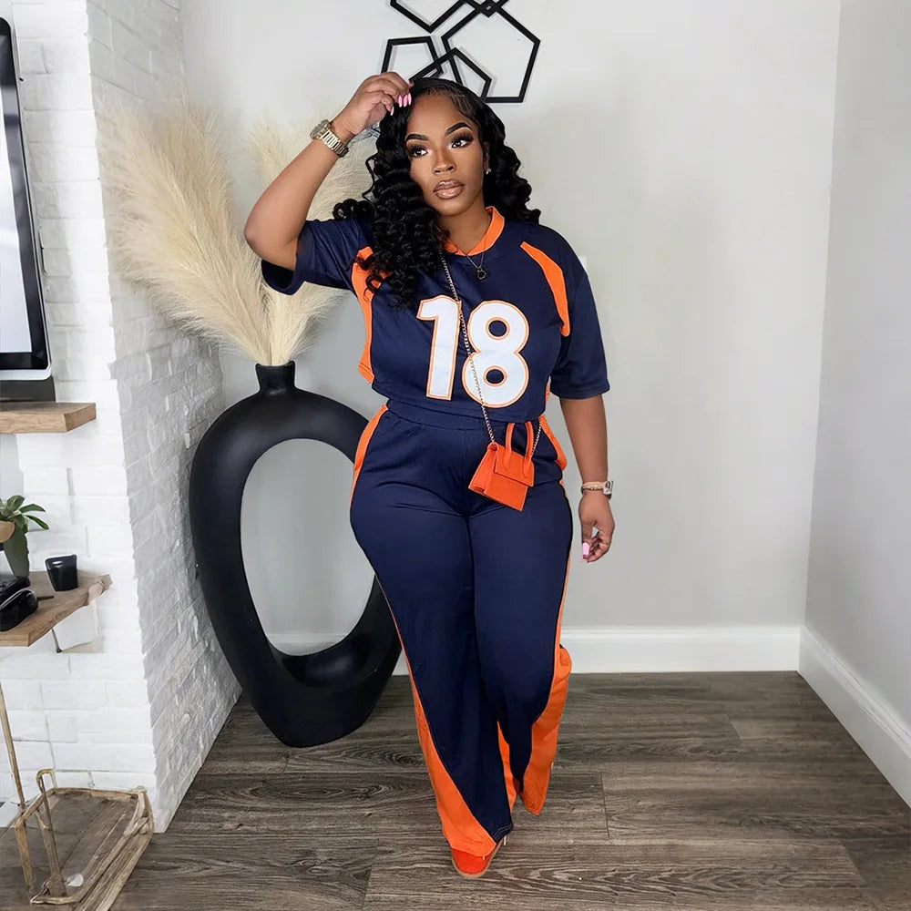 Jersey Tracksuit Short Sleeve Top + Pants Chic 2 Piece Sets