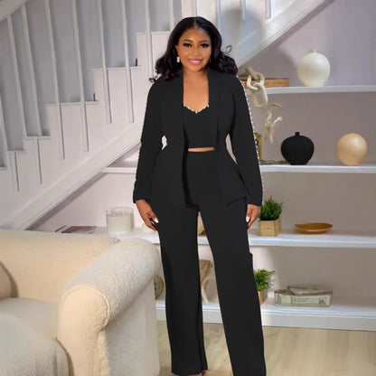 Elegant Long Sleeve Blazer Office Wear Ladies 3 Piece Pant Suit