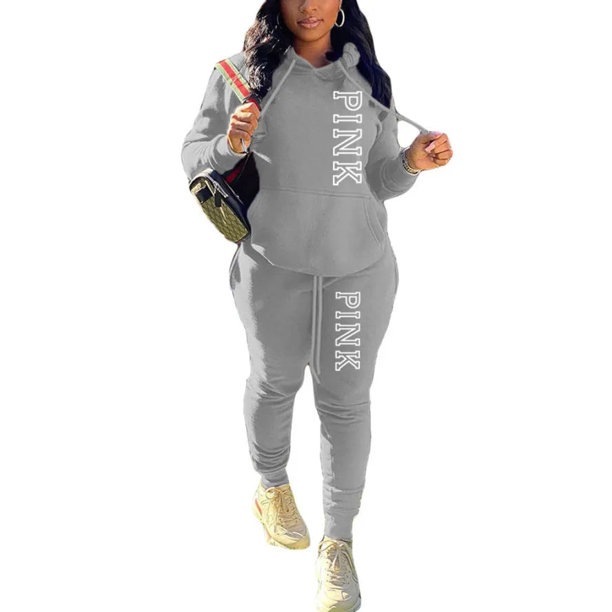 Lady Hoodies Set Fashion 2 Piece Set PINK Letter Print Hooded Sweatshirt And Skinny Stacked Pants Set Sporty Outfit Tracksuit