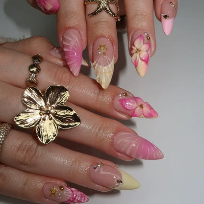 24Pc Long Stiletto Press on Nails Cherry Pink French False Nails with 3D Bow Pearls Design Detachable Acrylic Fake Nail Art Tips