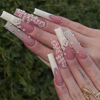 24Pcs Long Ballet False Nails Pink Butterfly with Rhinestones French Design Wearable Fake Nails Glitter Press on Nails Tips Art