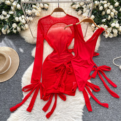 Split Swimwear Long Sleeves Hollow Out Mini Dress + Lace Up Bodysuits Sheer Vacation Bikini Sets