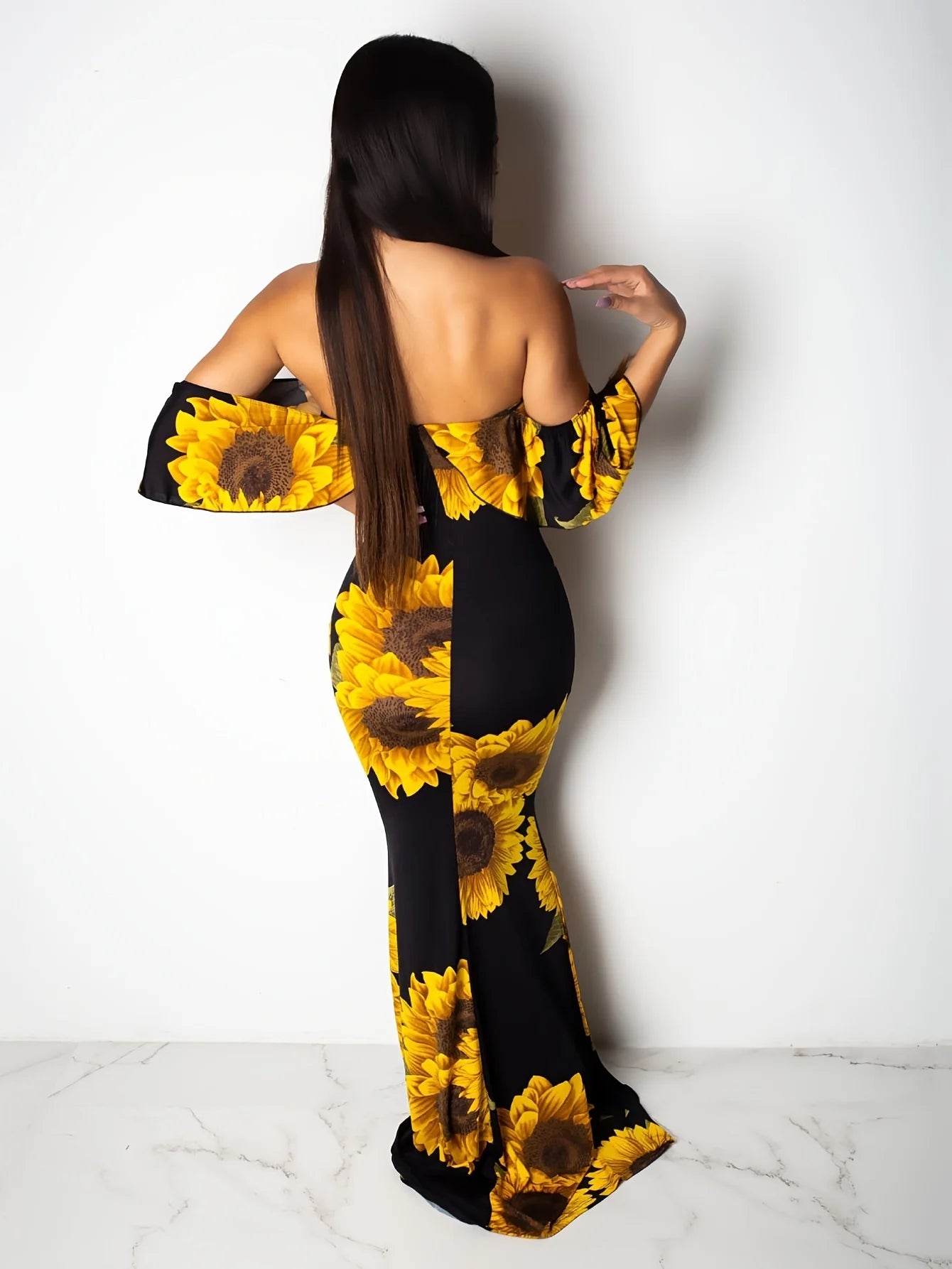 Rose Sunflower Floral Print Strapless  Bodycon Slash Neck Off Shoulder Short Sleeve Polyester Xtra Maxi Dress