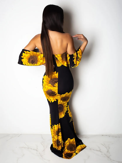 Rose Sunflower Floral Print Strapless  Bodycon Slash Neck Off Shoulder Short Sleeve Polyester Xtra Maxi Dress