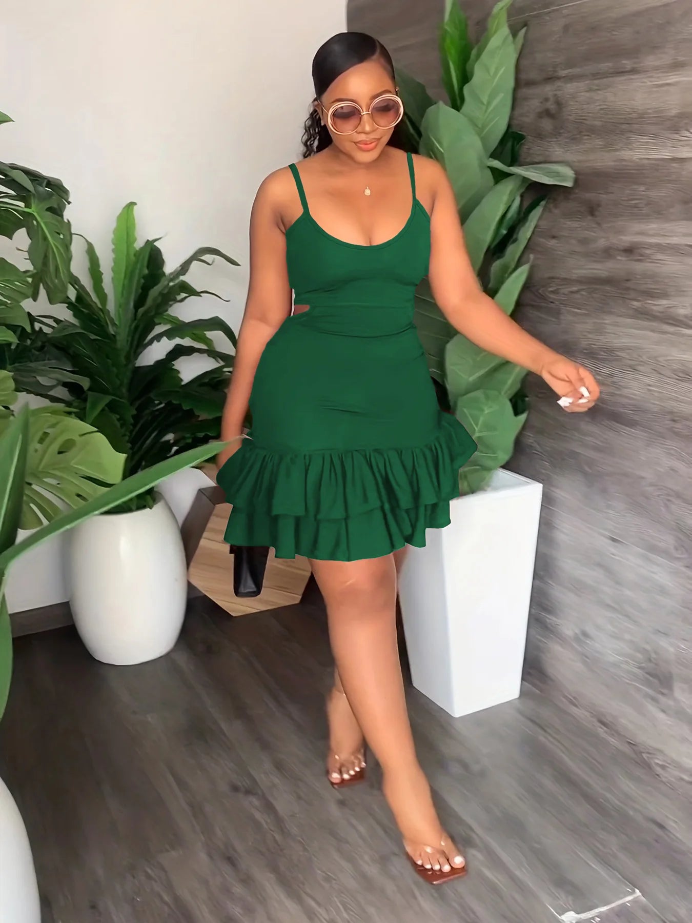 European and American Fashion Sling Low-cut Ruffled Mini Dress