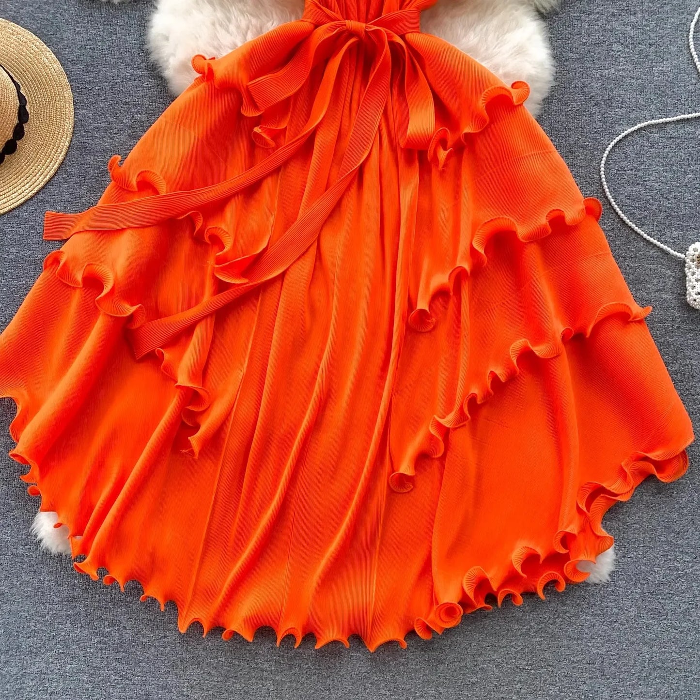 Stand Collar Lace Up Ruffles Boho Dresses