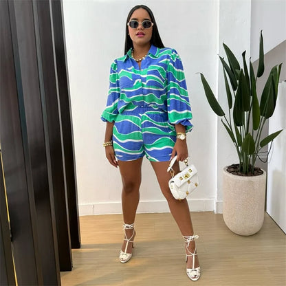 Collar Button Long Sleeve Shirt Top + Short Sets