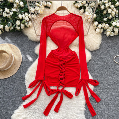 Split Swimwear Long Sleeves Hollow Out Mini Dress + Lace Up Bodysuits Sheer Vacation Bikini Sets