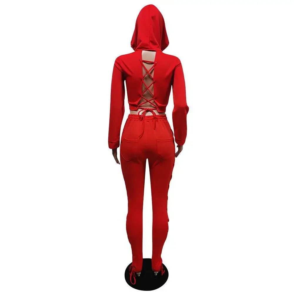 Cross-Border Tied Tops + Pants Hollow Sets(2 Piece Set)