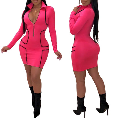 Zipper Stand Collar V Neck Long Sleeve Sheath Mini Dresses Outfits