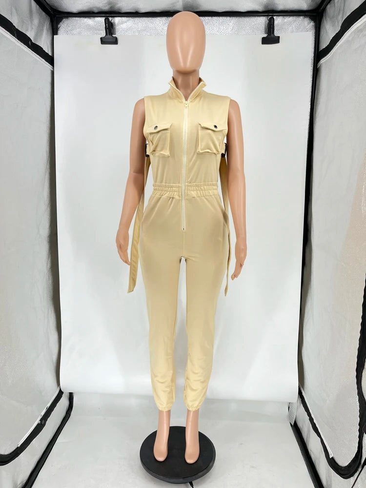 Stacey Zipper Sleeveless Buckle Open Side Cargo Jumpsuit (One-piece Suit)