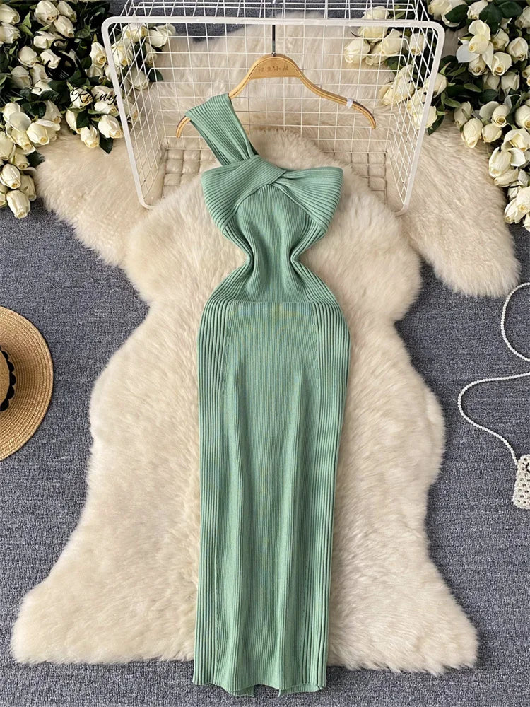 Single Shoulder Ink Knit Dress Backless Tank Striped Slim Bodycon Sundress Women Summer Beachwear Sexy Chic Vestidos