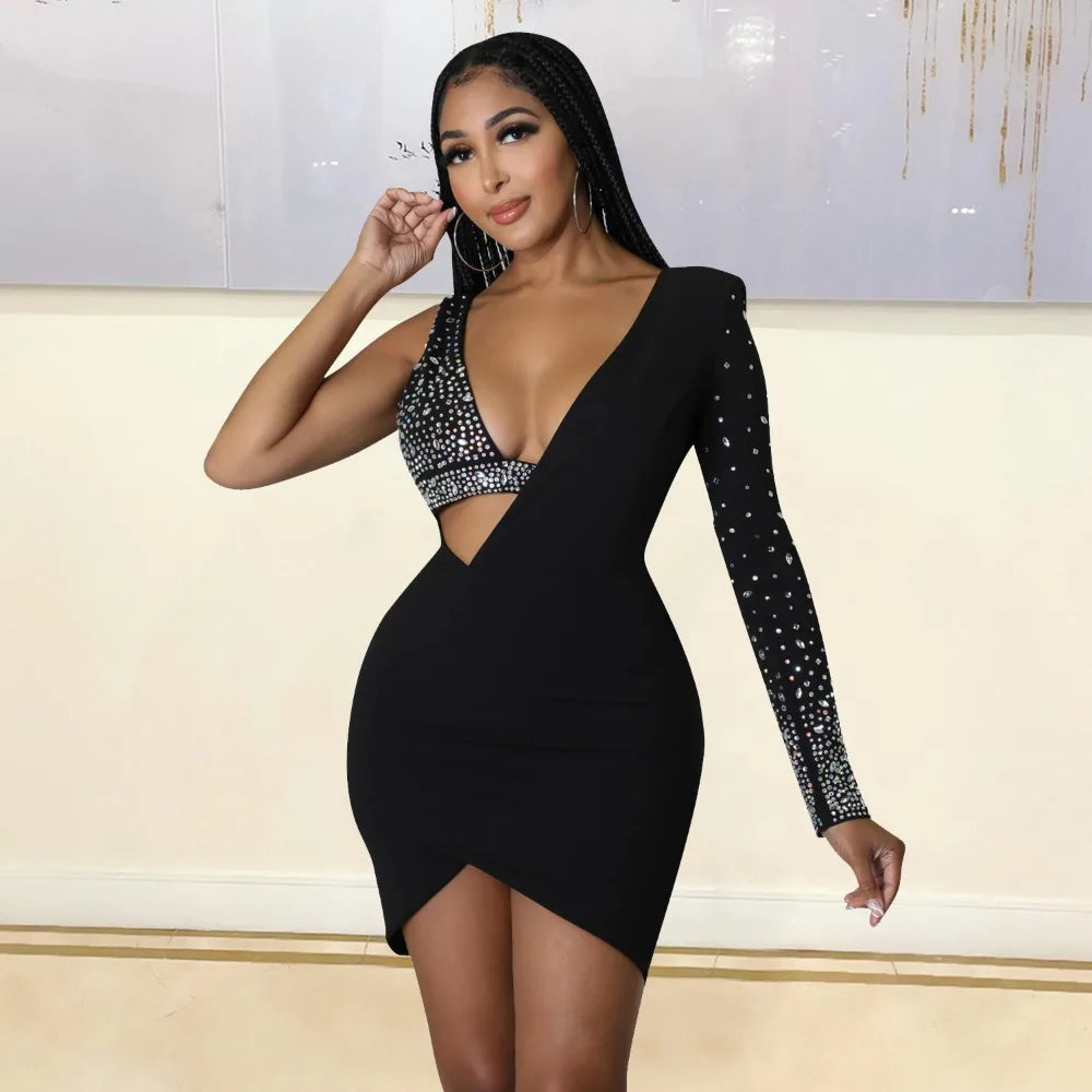 Quita Rhinestone One Shoulder Bodycon V Neck Mini Dresses Luxury Diamond