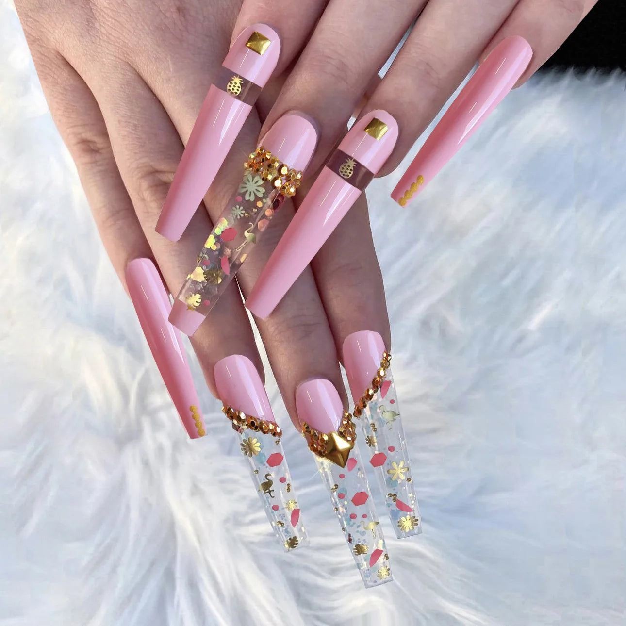 24Pcs Pink Butterfly Design False Nails Extra Long Coffin Fake Nails Wearable French Ballet Press on Nails Full Cover Nail Tips