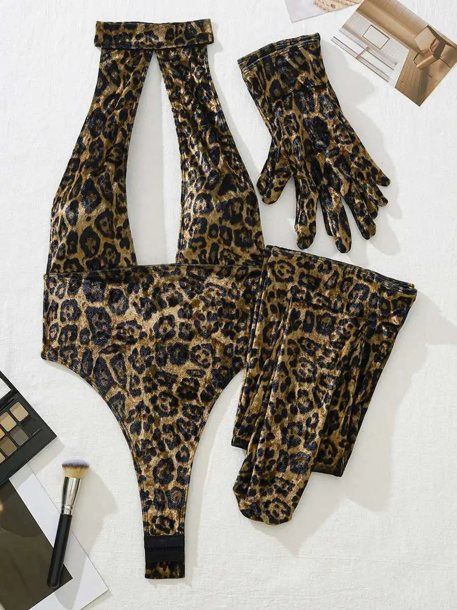 Leopard Print Bodysuit + Gloves + Leggings Backless Deep V Suspenders Sleeveless Bodysuits Thin 3X4C