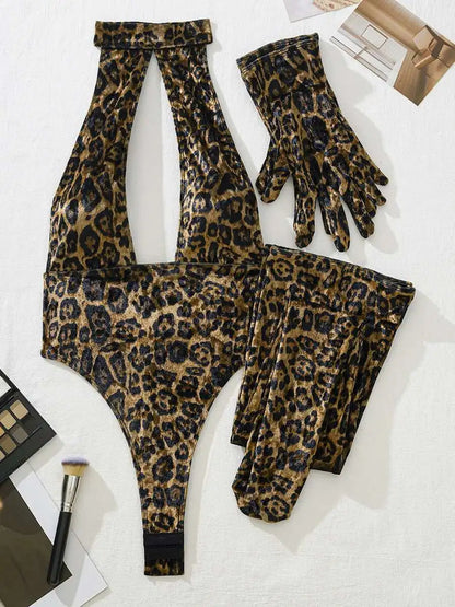 Leopard Print Bodysuit + Gloves + Leggings Backless Deep V Suspenders Sleeveless Bodysuits Thin 3X4C
