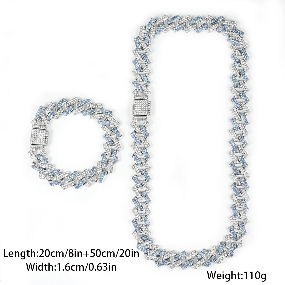 2PCS Hip Hop Cuban Blue White Chain Bracelet + Necklace Men/Women Gifts Every Day Wear Exquisite Punk Style Jewelry
