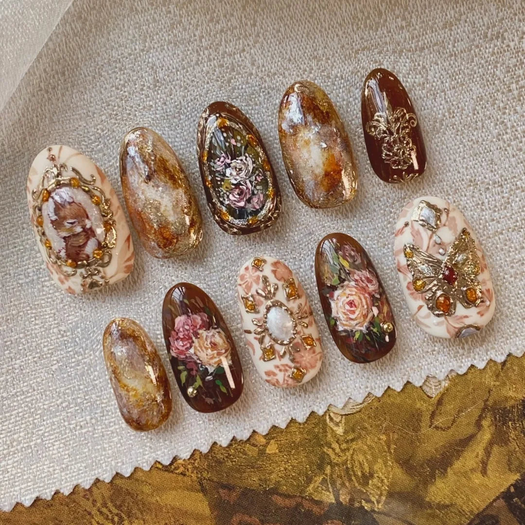 24pcs Flower Print Press on Nails Wine Red Blush Almond False Nail Tips Wearable Reusable Summer Spicy Girl Fake Nails