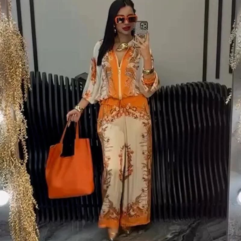 Flower Print Top + Drawstring Trousers Two-piece Suits