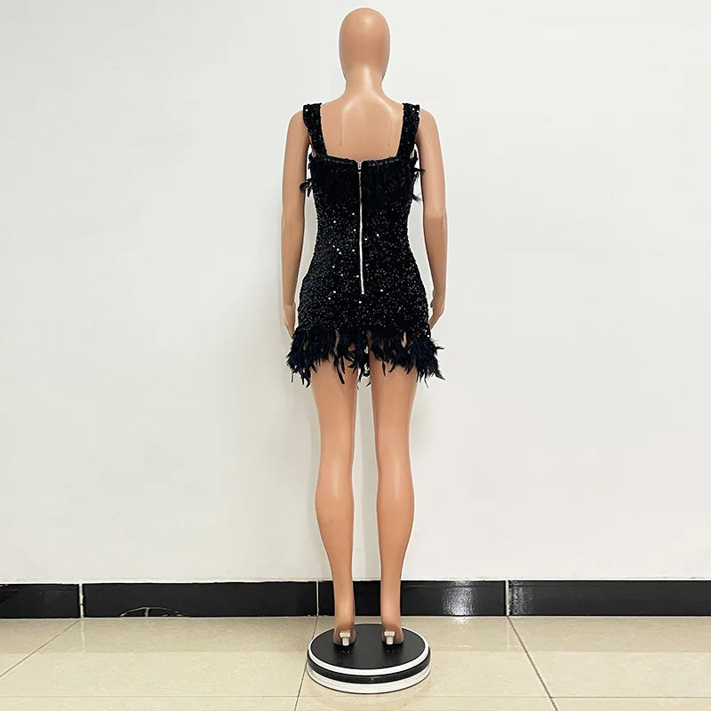 Short Sequins Halter Feathers Spicy Dresses