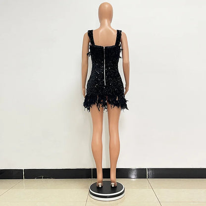 Short Sequins Halter Feathers Spicy Dresses