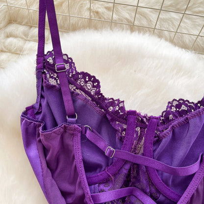 Satin Comfortable Strap Lace Spliced Sheer Lingerie