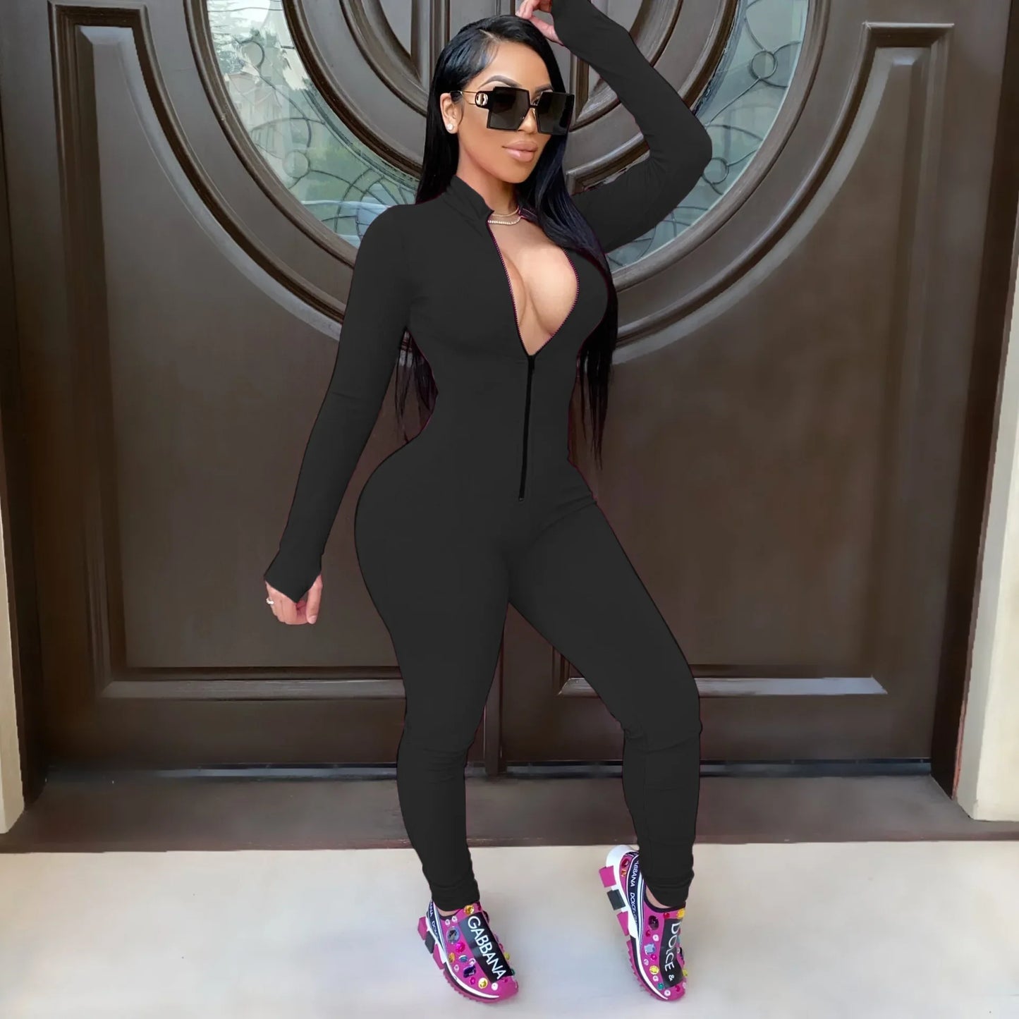 Deep V Bodycon Rompers Womens Jumpsuit Sport Suit Fashion Zip Up Long Pants Overalls Fitness Set