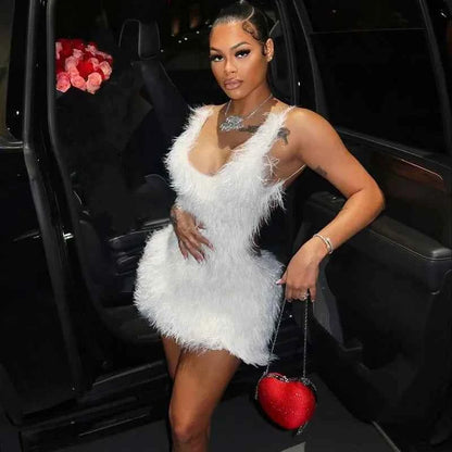 Furry Mini White Dress Hipster Spaghetti Strap Low Cut Backless Body-Shaping Vestidos Birthday Party Clubwear