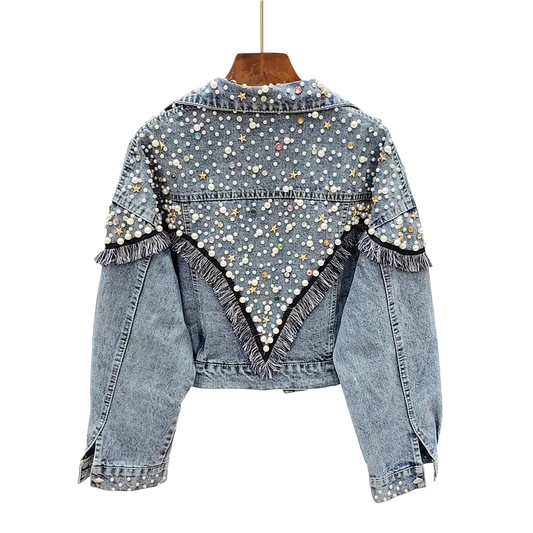 Gracie Hand-studded Pearls Punk Loose Short Jeans Coats