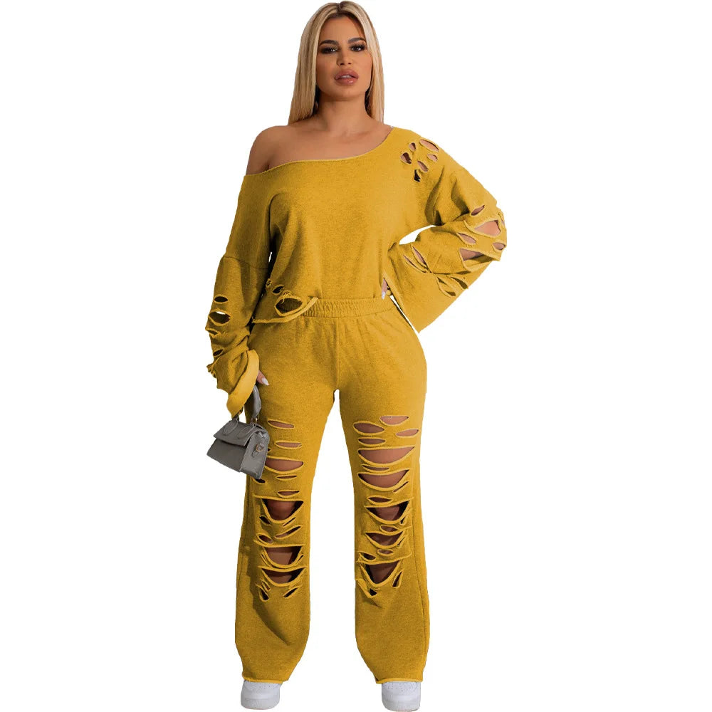 Oliva's Round Neck Pullover Hole Solid Pant Sets