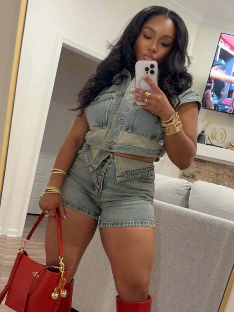 Single-Breasted Pocket Tank Tops + Lapel Short Sets