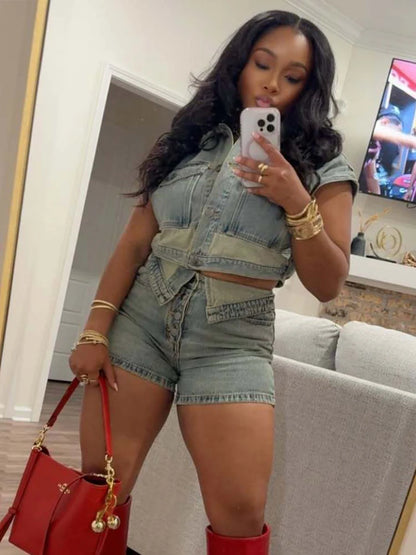 Single-Breasted Pocket Tank Tops + Lapel Short Sets