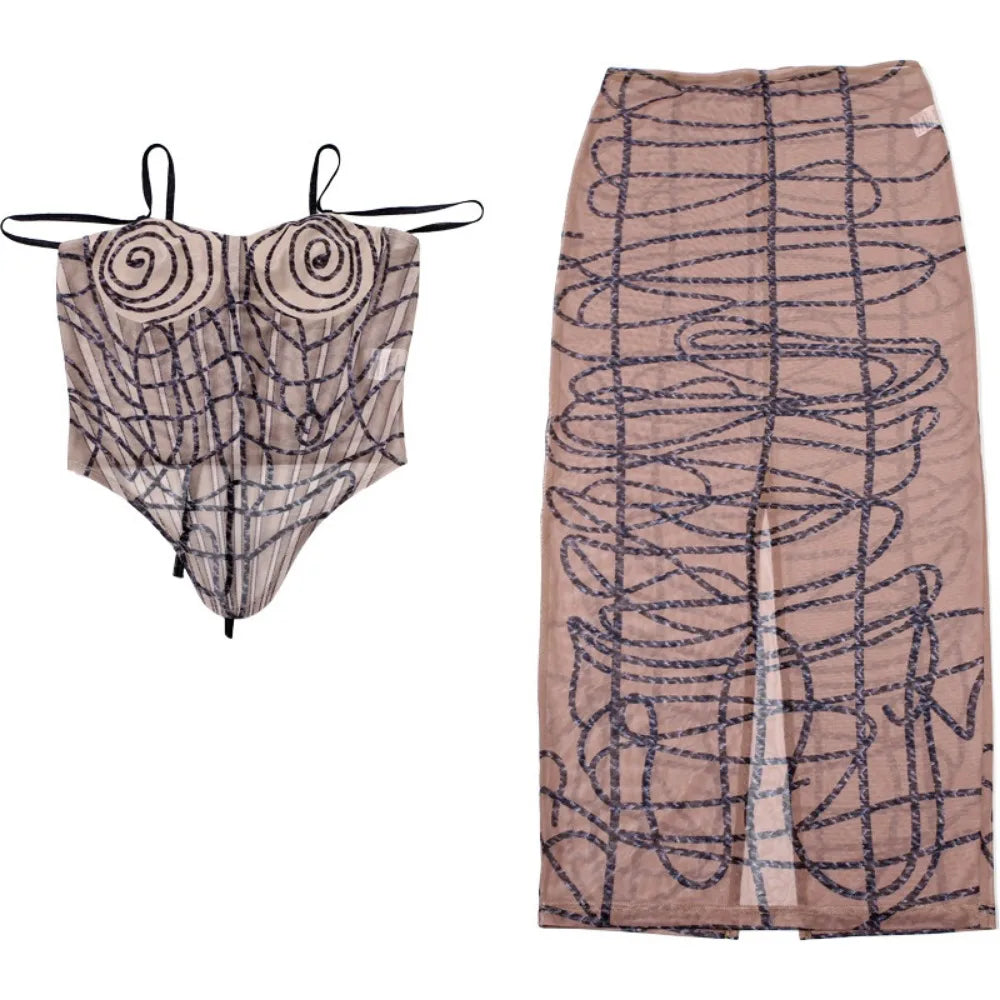 Brown Sexy Mesh Perspective Skinny Skirts Two Piece Sets