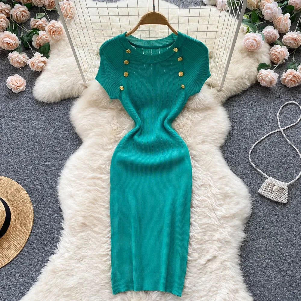 O Neck Short Sleeve Elastic Slim Sheath Dresses
