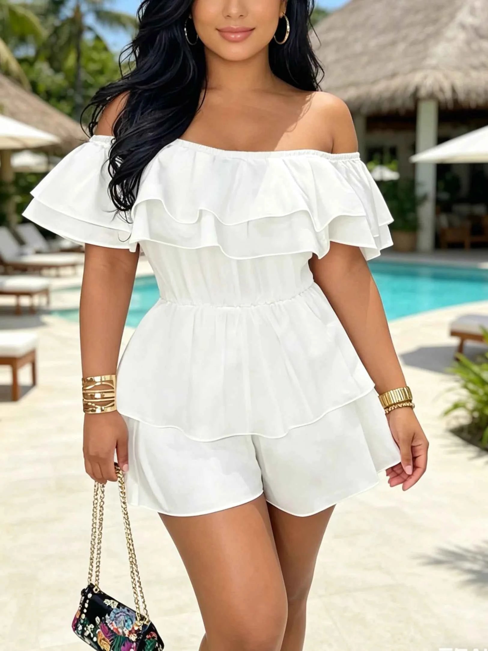 White Off Shoulder Ruffle Romper - Sweet Layered Ruffle Sleeve High Waist Tiered Mini Jumpsuit for Beach Vacation & Casual