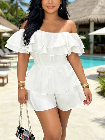 White Off Shoulder Ruffle Romper - Sweet Layered Ruffle Sleeve High Waist Tiered Mini Jumpsuit for Beach Vacation & Casual