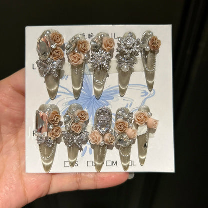 Press On Nails with 3D Flowers and Silver Rhinestones, Long Stiletto Palace Style Fake Nails