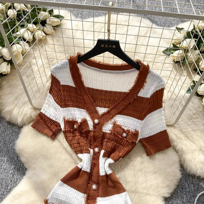 Chic Knitted Slim Waist Office Lady Sweater Maxi Dresses