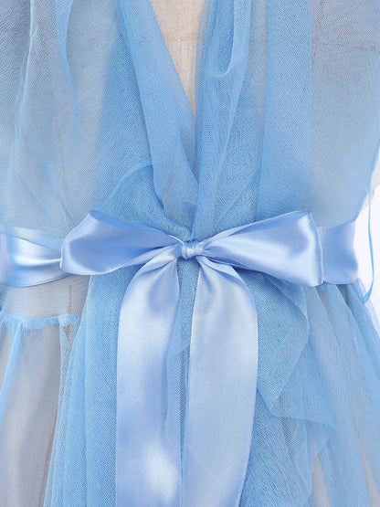 Ruffled Trim Long Tulle Robe Femme Nightwear Nightdress