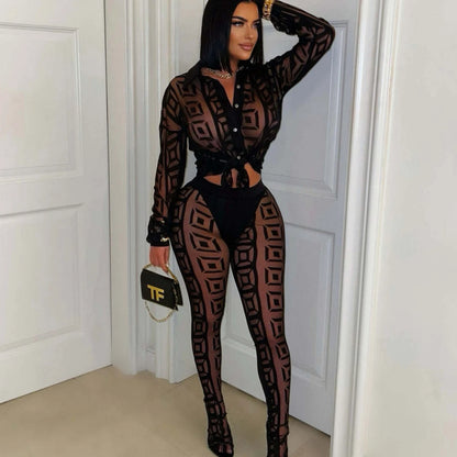 See Through Long Sleeves Crop Top + Skinny Pants Suits