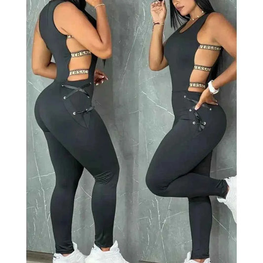 Letter Pattern Sleeveless Ladder Cut Out Jumpsuits