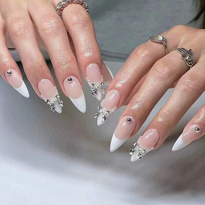 24Pc Long Stiletto Press on Nails Cherry Pink French False Nails with 3D Bow Pearls Design Detachable Acrylic Fake Nail Art Tips