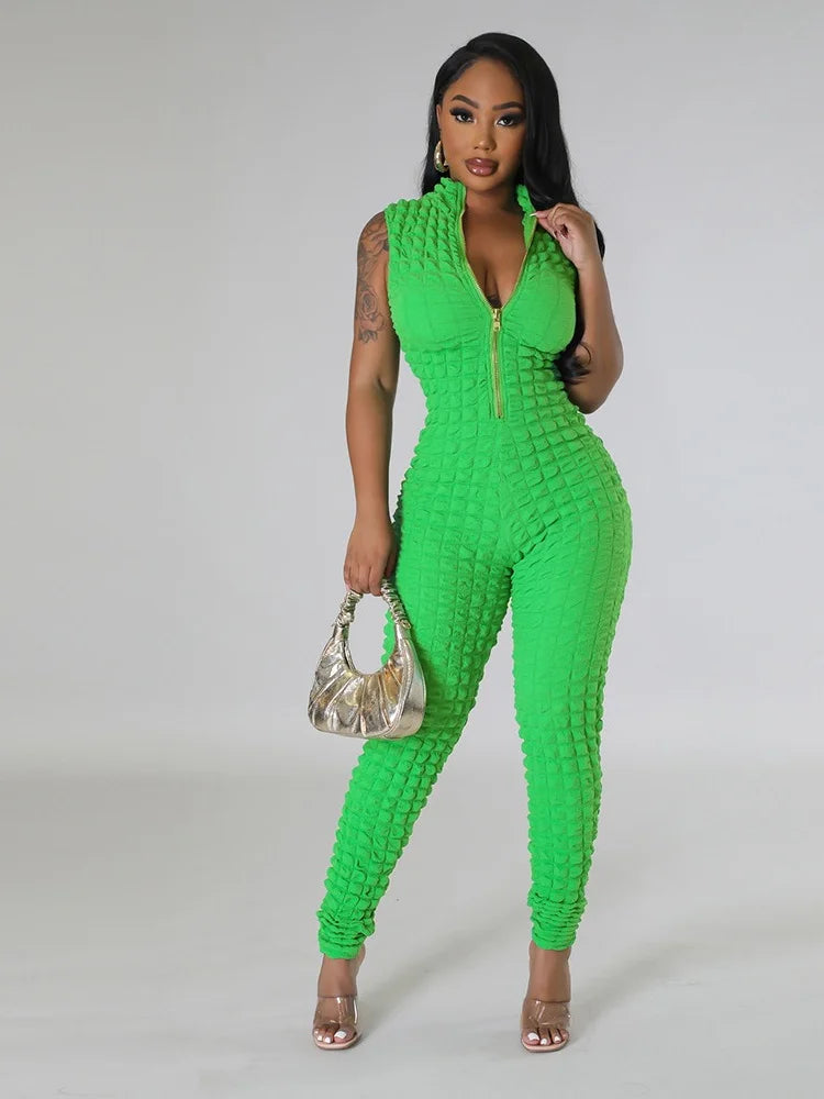 Sleeveless Popcorn Bubble Fabric Front Zipper Jumpsuits