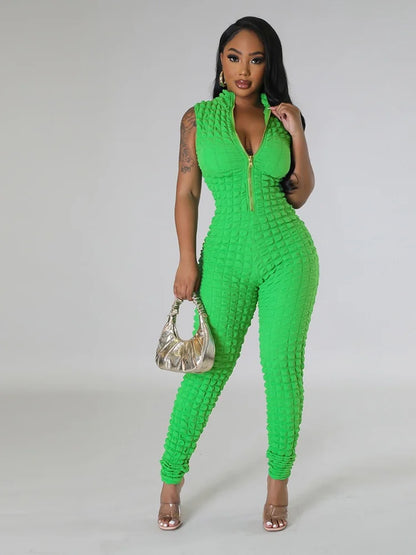 Sleeveless Popcorn Bubble Fabric Front Zipper Jumpsuits
