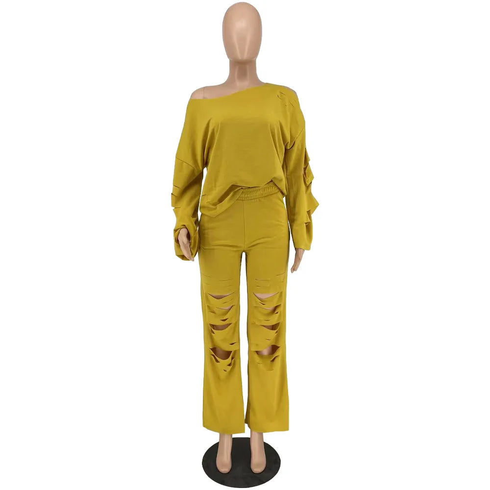 Oliva's Round Neck Pullover Hole Solid Pant Sets