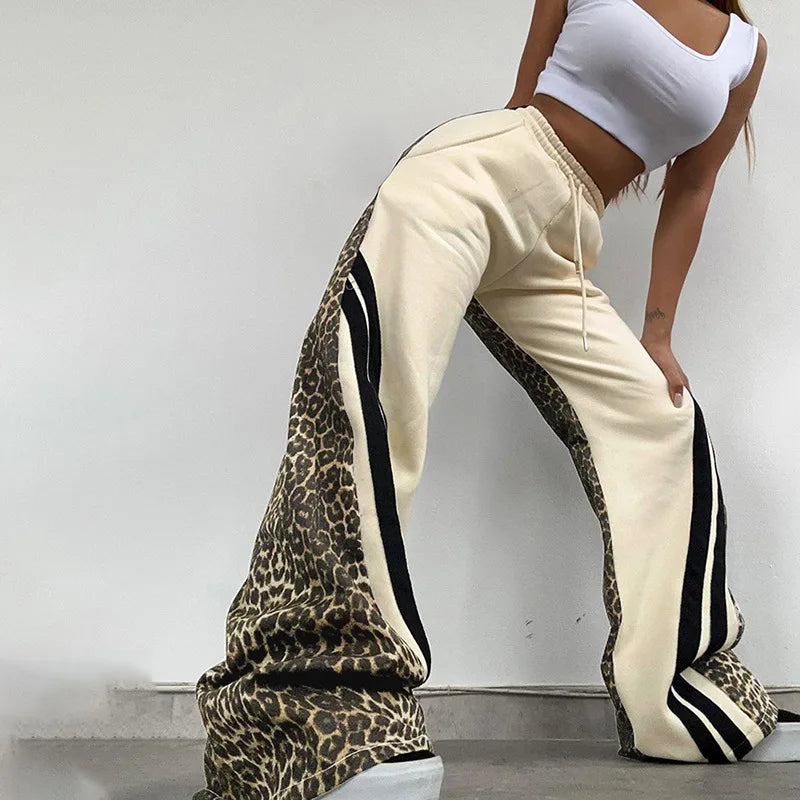 Sophie Leopard Printed Striped Wide Leg Sweatpants High Waisted Straight Trouser