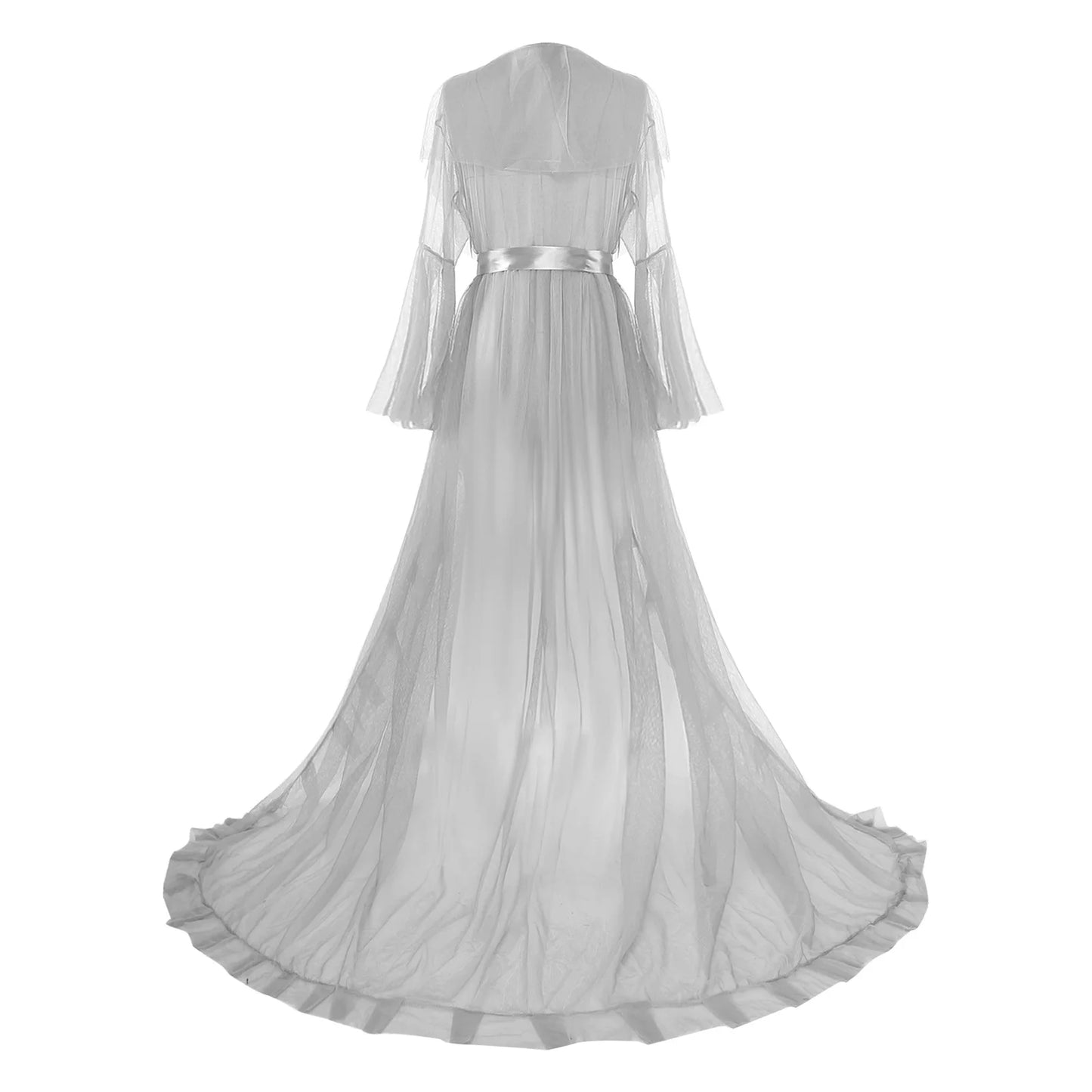 Ruffled Trim Long Tulle Robe Femme Nightwear Nightdress